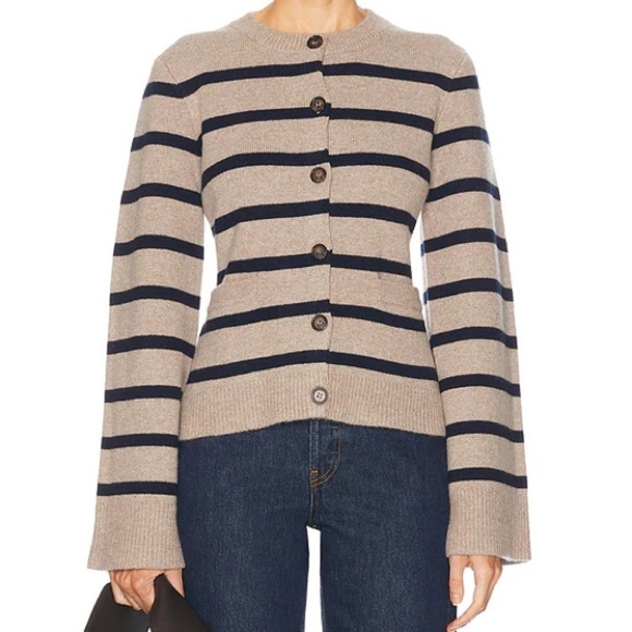Jenni Kayne Cooper Button Wool Cashmere Knit Cardigan Sweater Taupe Navy Stripe - Picture 4 of 11